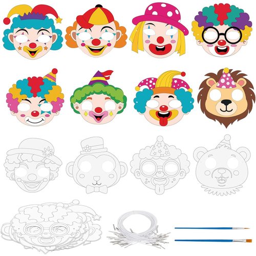 ZEELONA 24 Pcs Circus Crafts for Kids Color Your Own Clown Masks DIY Coloring Circus Arts and Crafts for Circus Party Supplies Birthday Carnival Cosplay Dress Up