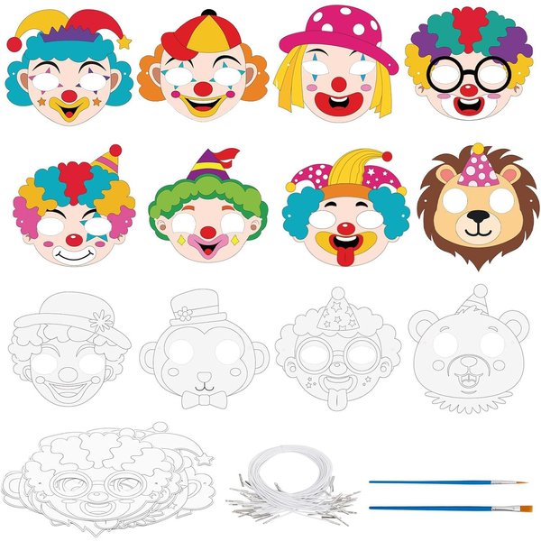 ZEELONA 24 Pcs Circus Crafts for Kids Color Your Own Clown Masks DIY Coloring Circus Arts and Crafts for Circus Party Supplies Birthday Carnival Cosplay Dress Up