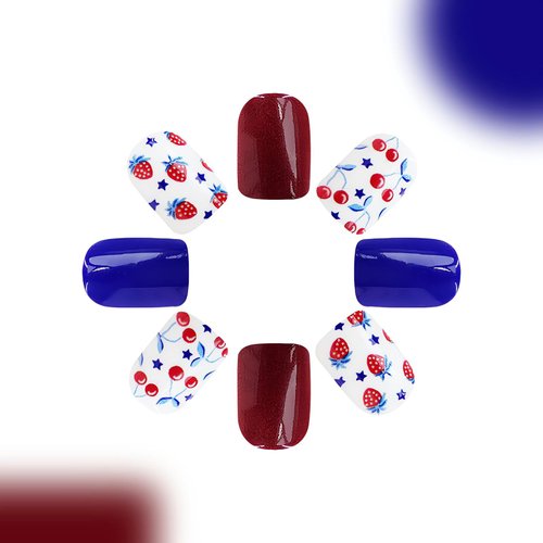 LPOODDNU Blue Red White Press on Nails Short Square Fake Nails Cute Star Cheery Strawberry Glue on Nails Independence Day Nail Art Decorations Square Shape Short False Nails for 4th of July, 24Pcs