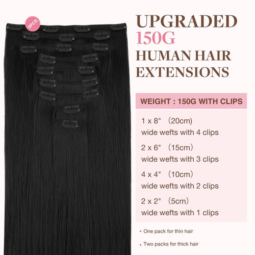 GOO GOO Clip in Hair Extensions Real Human Hair, 22inch 150g 9Pcs, 1 Jet black, Remy Human Hair Extensions Clip ins for Women, Natural Human Hair