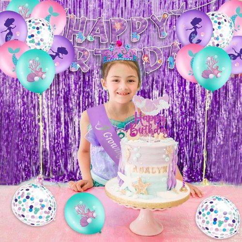 SKJIAYEE Mermaid Birthday Decorations Kit - Contain 20 Mermaid Latex Balloons, Mermaid Crown, Mermaid Banner, Mermaid Cake Topper, Mermaid Sash, Great for Girls Mermaid Theme Birthday Party Supplies