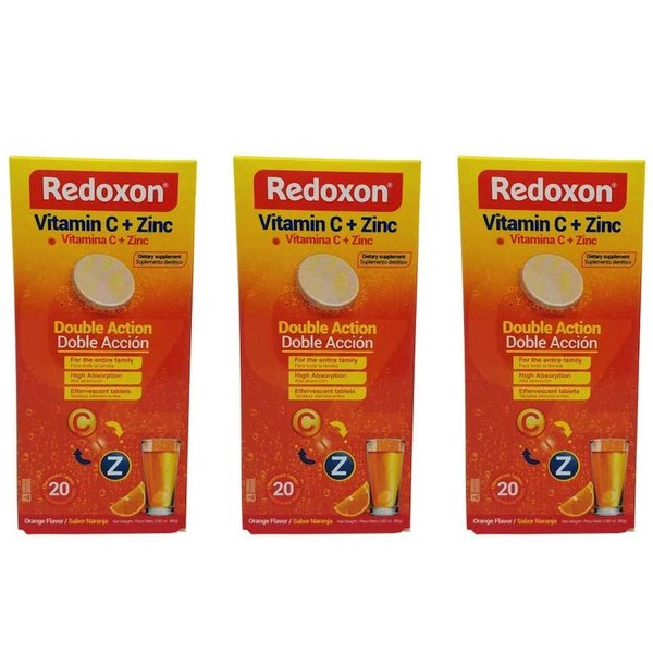 Redoxon Vitamin C Tablets | Orange Flavor, Effervescent Double Action Supplement of Vitamin C and Zinc for Immune System Support, Healthier Lifestyle, and More Energy; 3-Pack of 20 Tablets