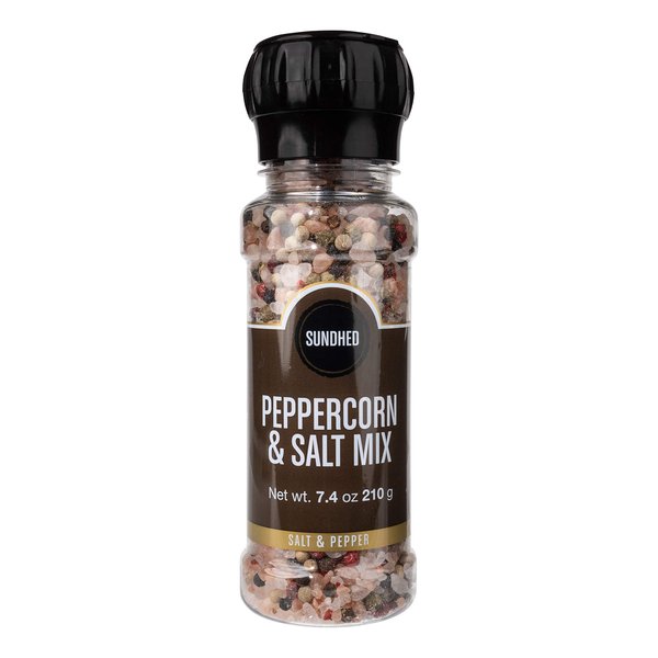 Sundhed Pink Himalayan Salt and Mixed Peppercorn Medley in Grinder | Rainbow Pepper Blend (Black, White, Pink, Green Peppercorns) | 210 Grams (7.40 oz) | Natural and Kosher Certified