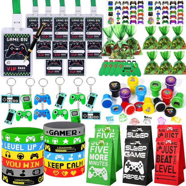 KELENO 102 Video Game Party Favors Birthday Supplies Silicone Bracelet VIP Pass Holder Stamper Keychain Tattoo Stickers Goodie Bag Fillers Gaming on Toy Gift Kid Boy Gamer Party Favors