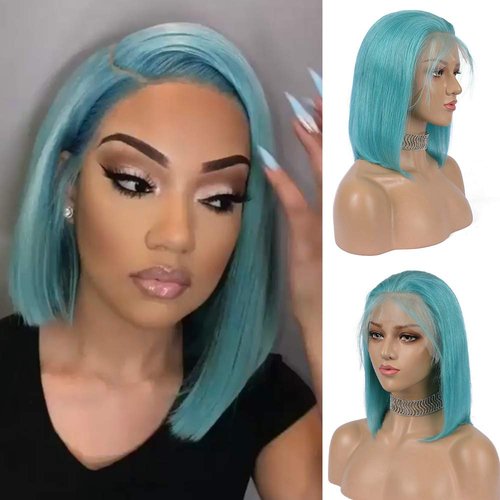 Guanyuhair Pre-plucked Short Bob Human Hair Lace Front Wigs Glueless Silky Straight 150% Full Density #Light Blue Free Part Bob Wigs For Black Women (10 inches, Light Blue)