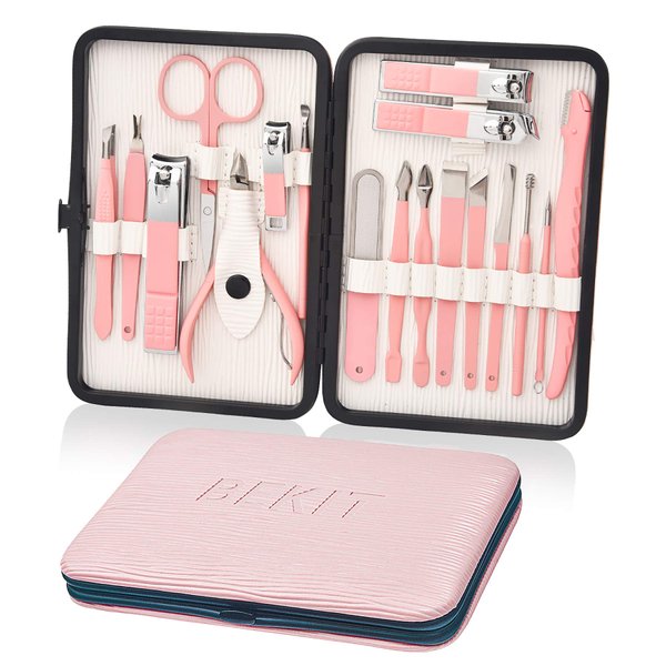 Bekit Manicure Set 18 in 1 Stainless Steel Professional Pedicure Kit Nail Scissors Grooming Kit Travel Case B01-Pink