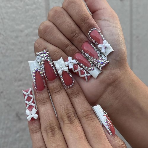BABALAL Long Square Press on Nails White French Tip Press on Nails Luxury Rhinestone Bow Charm Design Acrylic Nails 24Pcs Bling False Nails