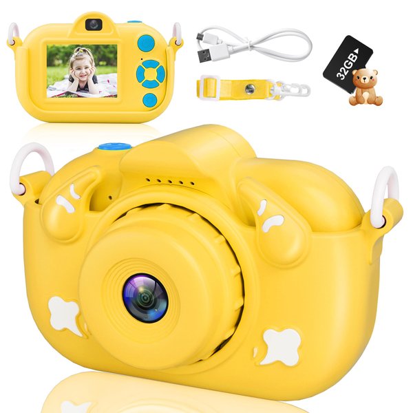 Toddler Camera with Dual Camera Christmas Birthday Present Kids Camera 1080P HD 32MP for Boys and Girls 3-12 Year Old Kids Toys with 32GB Card(Yellow)