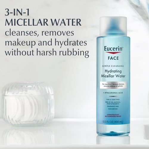 Eucerin Face Gentle Cleansing Hydrating Micellar Water, Face Cleanser and Makeup Remover with Hyaluronic Acid, 13.5 Fl Oz Bottle