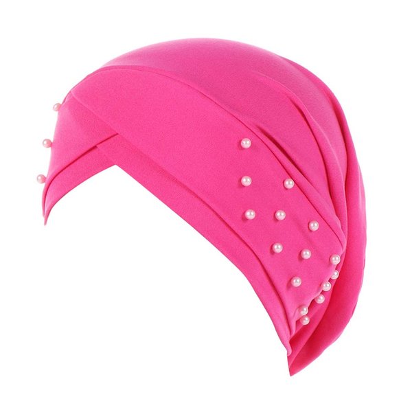 Fxhixiy Women Turban Head Wrap Pre-Tied Beaded Silky Cap Chemo Beanies Chemical Cancer Hair Cover Hat (Rose Red)