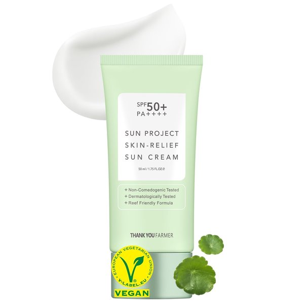 THANKYOU FARMER Sun Project Relief Sun Cream SPF50+ PA++++(50ml) - Centella Asiatica Extracts for Soothing, Reef Safe Sunscreen Travel Size