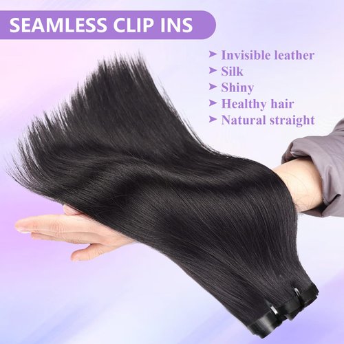 Seamless Clip in Hair Extensions PU Skin Weft Invisible Hair Extensions Seamless Clip Ins for Women Real Remy Human Hair Straight Natural Black 8Pcs 120g(20inch,1B)