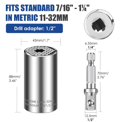 Universal Socket Tool Set (11-32mm, 7-19mm) - Professional Repair Kit with Power Drill, Ratchet Wrench, and Chrome Vanadium Steel Sockets