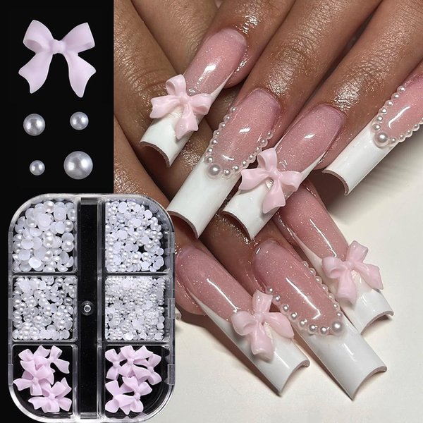 3D Bow Flatback Pearls Nail Charms, Resin Bowknot Ribbon for Acrylic Nails, Half Round White Pearls Jewelry for Nail Art Craft and Decorations…