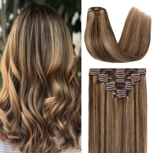 S-noilite Clip in Hair Extensions Real Human Hair 12 Inch Medium Brown to Dark Blonde Hair Extensions Balayage Remy Human Hair Clip In For Women Double Weft Human Hair Extensions 8PCS 115g #4P27