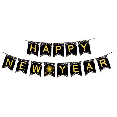 2025 Gold Balloons Happy New Year Banner Gold Black Paper Flag Bunting Swirl Streamers & Pom Poms Balloons for New year Party Decorations