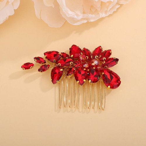 Teyglen Rhinestone Wedding Hair Comb Red Crystal Bridal Hair Piece Crystal Bride Wedding Hair Comb Sparkly Red Rhinestone Headpiece Hair Accessories for Women Girls (Red)