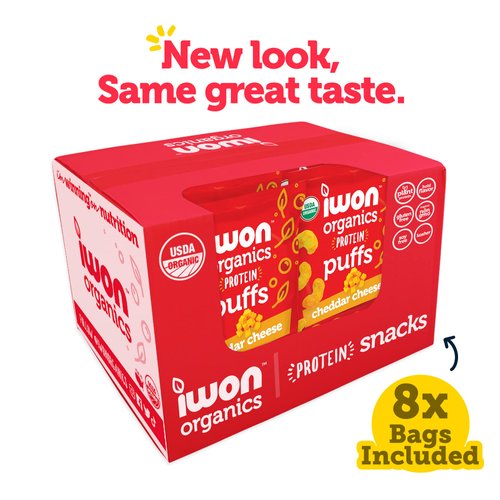 IWON Organics Cheddar Cheese Flavor Protein Puff, High Protein and Organic Healthy Snacks, 8 Bags