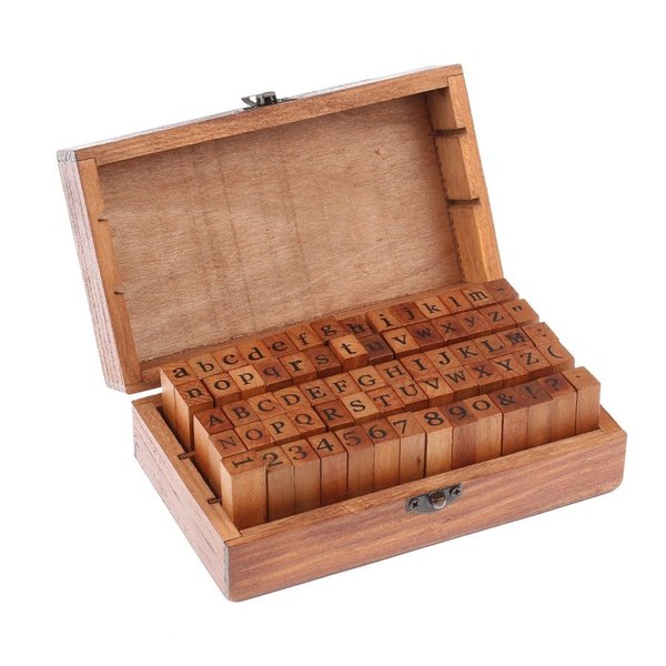 70 pcs Vintage DIY Number and Alphabet Letter Wood Rubber Stamps Set with Wooden Box