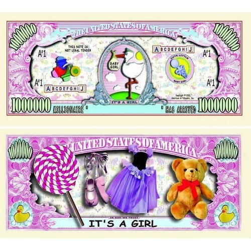 100 It's A Girl Million Dollar Baby Bills with Bonus “Thanks a Million” Gift Card Set
