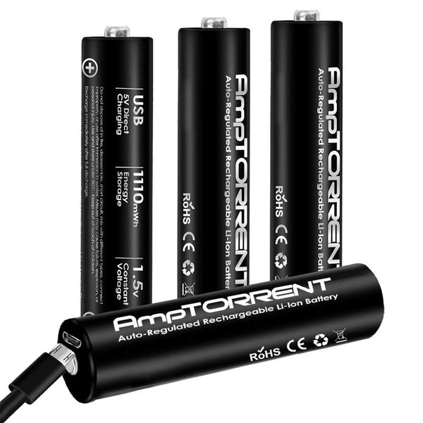 AmpTORRENT AAA Lithium Rechargeable Batteries, 1110mWh Lithium Rechargeable AAA Batteries, Lithium AAA Battery with 4in1 USB Cable, 1.5V Constant Output, High Capacity, 1h Fast Charging, 1200 Cycles