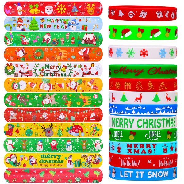 Garma 48Pcs Christmas Slap Bracelets and Silicone Bracelets for Kids, Xmas Bulk Slap Wristbands Rubber Bracelets Set for Christmas Birthday Party Favors Supplies New Year Stocking Stuffers Gifts