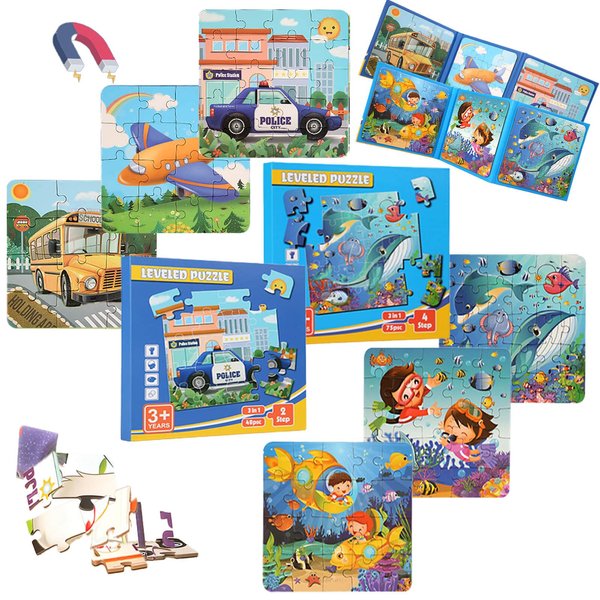 HouzeFun 2 Pack Magnetic Puzzles Toys for Kids Age 3-5, Magnets Puzzle for Childrens, Ideal Gifts for Toddler, Educational Sensory Wooden Puzzles, Preschool Toys (2 Pack, Vehicles + Ocean)