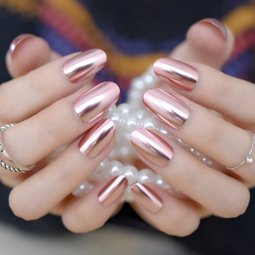 iMABC 24pcs Oval Short Length Pink Metallic Press On Nails Glossy Mirror Fake False Nails Tips Full Cover Solid Color Artificial Nail for Women Girls