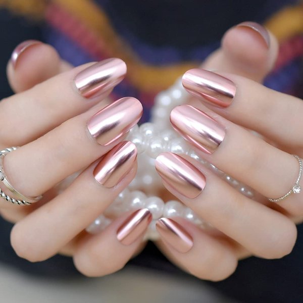 iMABC 24pcs Oval Short Length Pink Metallic Press On Nails Glossy Mirror Fake False Nails Tips Full Cover Solid Color Artificial Nail for Women Girls
