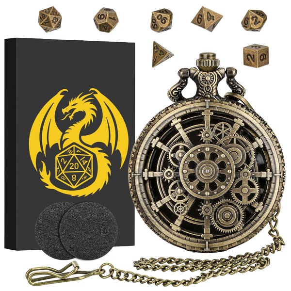 Mini DND Dice Set with Steampunk Hollow Gear Pocket Watch Shell Case, 7pcs Polyhedral Metal D&D Dice, DND Gifts with Gift Box for DND Fans, Role Playing Board Games Accessories