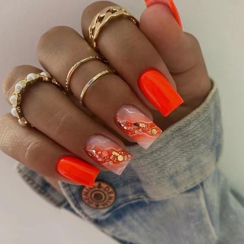 Orange Press on Nails Medium Square Fake Nails Marble Texture Glossy False Nails with Glitter Gold Foil Design Stick on Nails Full Cover Acrylic Glue on Nails for Women Girls Manicure 24Pcs