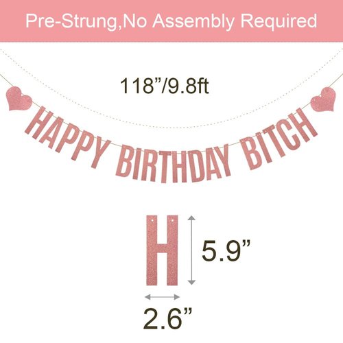 HAPPY BIRTHDAY BITCH Banner, Rose Gold Glitter Paper Banner Sign Garlands,Birthday Party Decorations Supplies,Letters Rose Gold,SUNbetterland