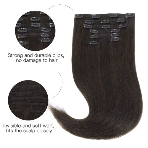 HOTBANANA Human Hair Clip in Hair Extensions, Dark Brown 120g Clip in Hair Extensions Real Human Hair Straight Remy Hair Clip in Hair Extensions 18 Inch 7pcs