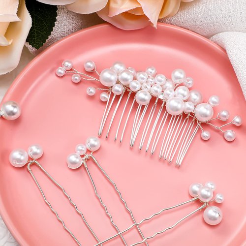 9 Pieces Pearl Bride Wedding Hair Comb Pearl Hair Pins Set Silver Bridal Side Comb U Shape Bridal Hair Clip Pearl Bobby Pins Updos Hair Piece Wedding Hair Accessories for Women Girls
