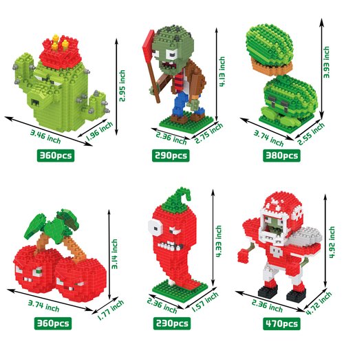Plants vs. Z^ Building Blocks 2090 PCS Contain Flag Zombie/Football Zombie/Melon-pult/Jalapeno/Cherry Bomb/Cactus Assembly Model Educational Toys Building Set for Girls Boys Brithday