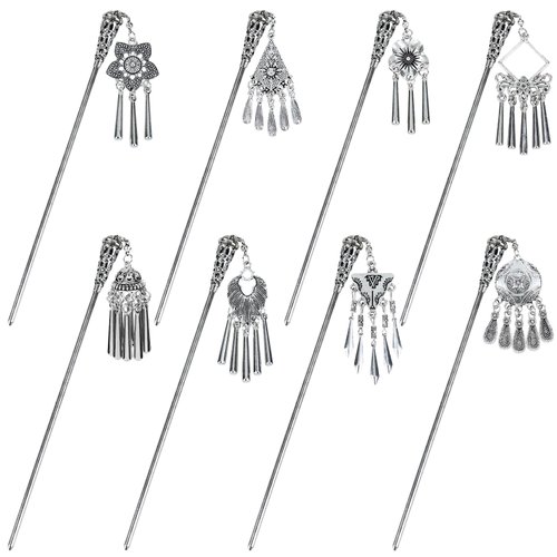 inSowni 8 Pieces Silver Metal Retro Ancient Asian Chinese Traditional Hanfu Hair Sticks with Flower Pendants Bohemian Long Hair Forks Bun Updo Holders Hairpins for Women Girls