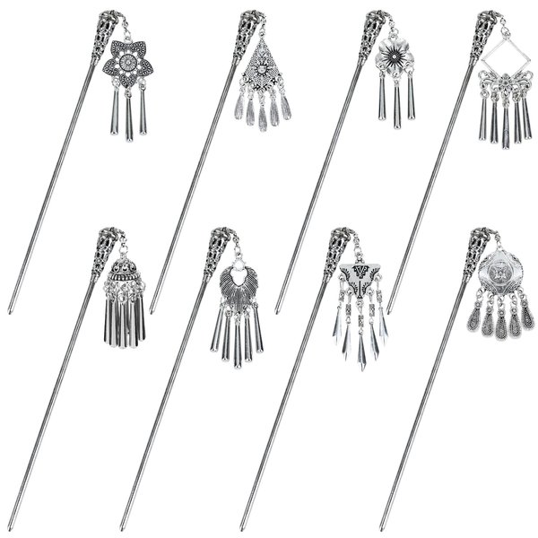 inSowni 8 Pieces Silver Metal Retro Ancient Asian Chinese Traditional Hanfu Hair Sticks with Flower Pendants Bohemian Long Hair Forks Bun Updo Holders Hairpins for Women Girls