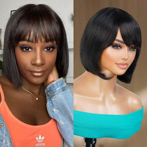 INSTANT FAB Short Bob Wigs Human Hair Wigs with China Bangs for Black Women Straight Bob with Bangs Human Hair Non Lace Front Wigs – Diamond (10 inch (1 Pack), NATURAL)