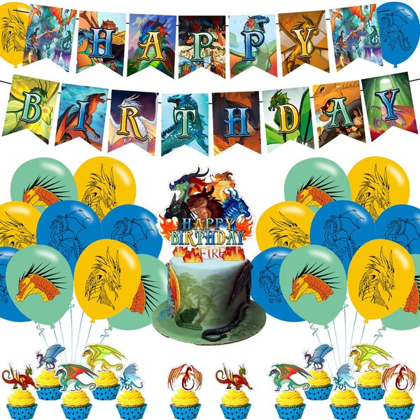 Wings of Fire Birthday Party Decoration, Wings of Fire Include Dragon Game Theme Birthday Banner, Cake Topper, Latex Balloons for Fans Birthday Party Supplies