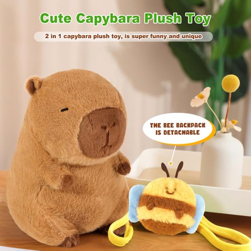 Ditucu Cute Capybara Plush with Bee Backpack Soft Capibara Stuffed Animals Plushies Toys Gifts for Kids Brown 9 inch