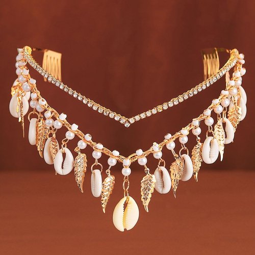 GORTIN Boho Shell Wedding Headband Gold Leaf Crown and Tiara Tassels Headchain Bridal Headpiece Beach Headwear Rhinestones Hair Accessories for Women and Girls