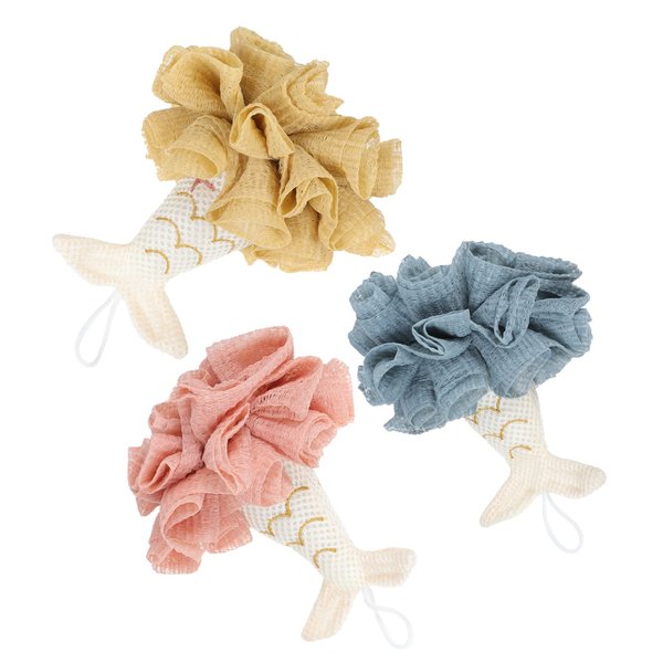 HEALLILY 3pcs Shower Bath Sponge Shower Loofahs Balls Mermaid Tail Shaped Soft Mesh Poufs Bath Loofah