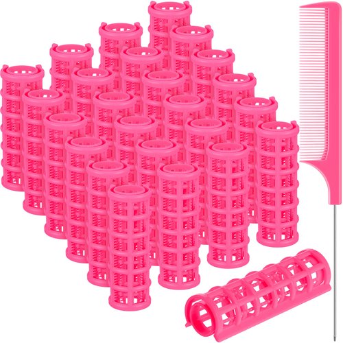 24 Pieces Hair Roller, Small Size Plastic Hair Rollers Hair Curlers with Steel Pintail Comb for Short Hair Long Hair Hairdressing Styling Tools (0.59 x 2.28 Inch, Pink)