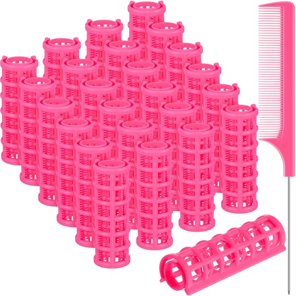 24 Pieces Hair Roller, Small Size Plastic Hair Rollers Hair Curlers with Steel Pintail Comb for Short Hair Long Hair Hairdressing Styling Tools (0.59 x 2.28 Inch, Pink)