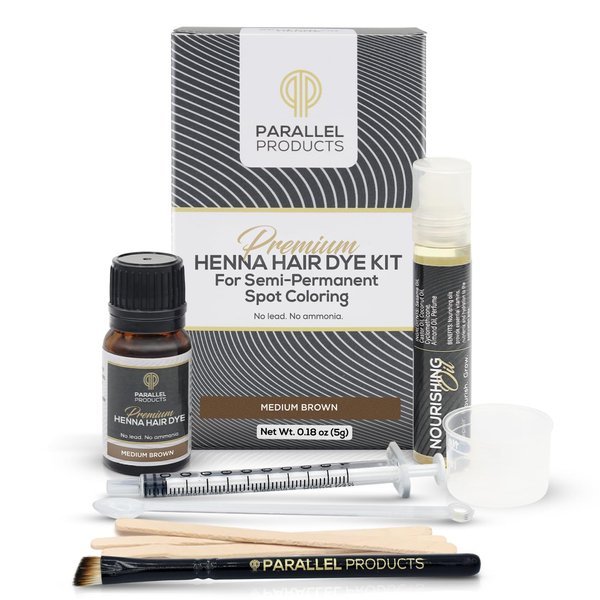 Parallel Products Spot Color Henna Kit - Henna Hair Dye - 5 grams - Tint for Professional Spot Coloring - With Nourishing Oil, Mixing Dish and Application Brush - Root Touch Up (Medium Brown)