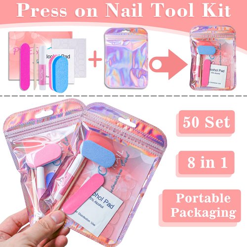 50 Set Disposable Nail Supplies Kits,Professional Manicure Press On Nail Tool Kit With Nail File ,Nail Buffer,Adhesive Tabs,Nail Glue,Sticks, Prep Pads,Bags,Cards for Nail Business(Mixed Color)