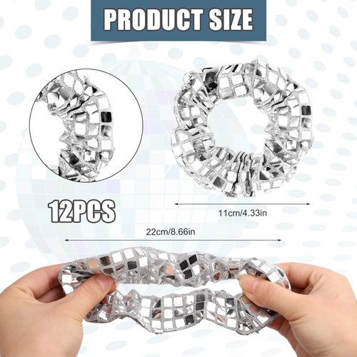 12pcs Disco Scrunchies, Disco Ball Sequin Hair Tie Metallic Scrunchies Silver Hair Bobbles Elastics Ponytail Holders Sparkly Hair Accessories Part for Girl Women Retro 70s 80s Disco Theme Party Favor