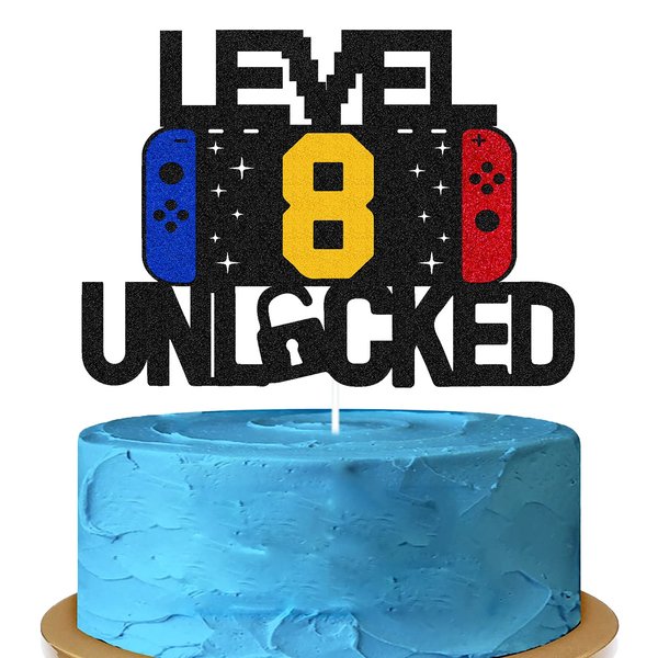 Level 8th Unlocked Sign Cake Topper Happy 8th Birthday Level Up Tenth Cake Decorations for Video Game Controller Themed Boy Girl Bday Party Supplies Double Sided