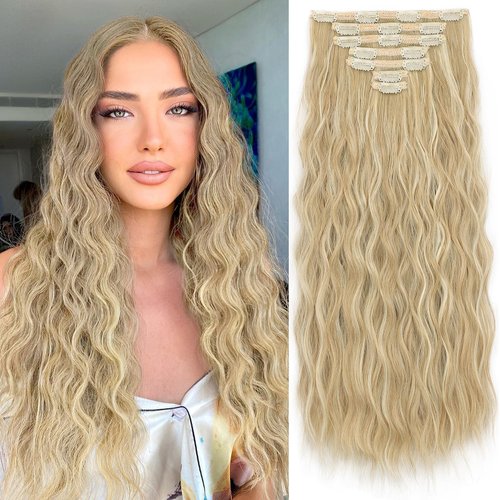 KooKaStyle Hair Extensions, 7PCS Clip in Long Mermaid Wavy Hair Extensions Thick Natural Hairpieces Double Weft for Women Full Head (20 Inch, Beach Blonde)