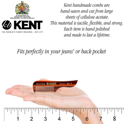 Kent 83T Small Gentleman's Beard and Mustache Pocket Comb, Fine Toothed Pocket Size for Facial Hair Grooming and Styling. Saw-cut of Quality Cellulose Acetate, Hand Polished. Hand-Made in England